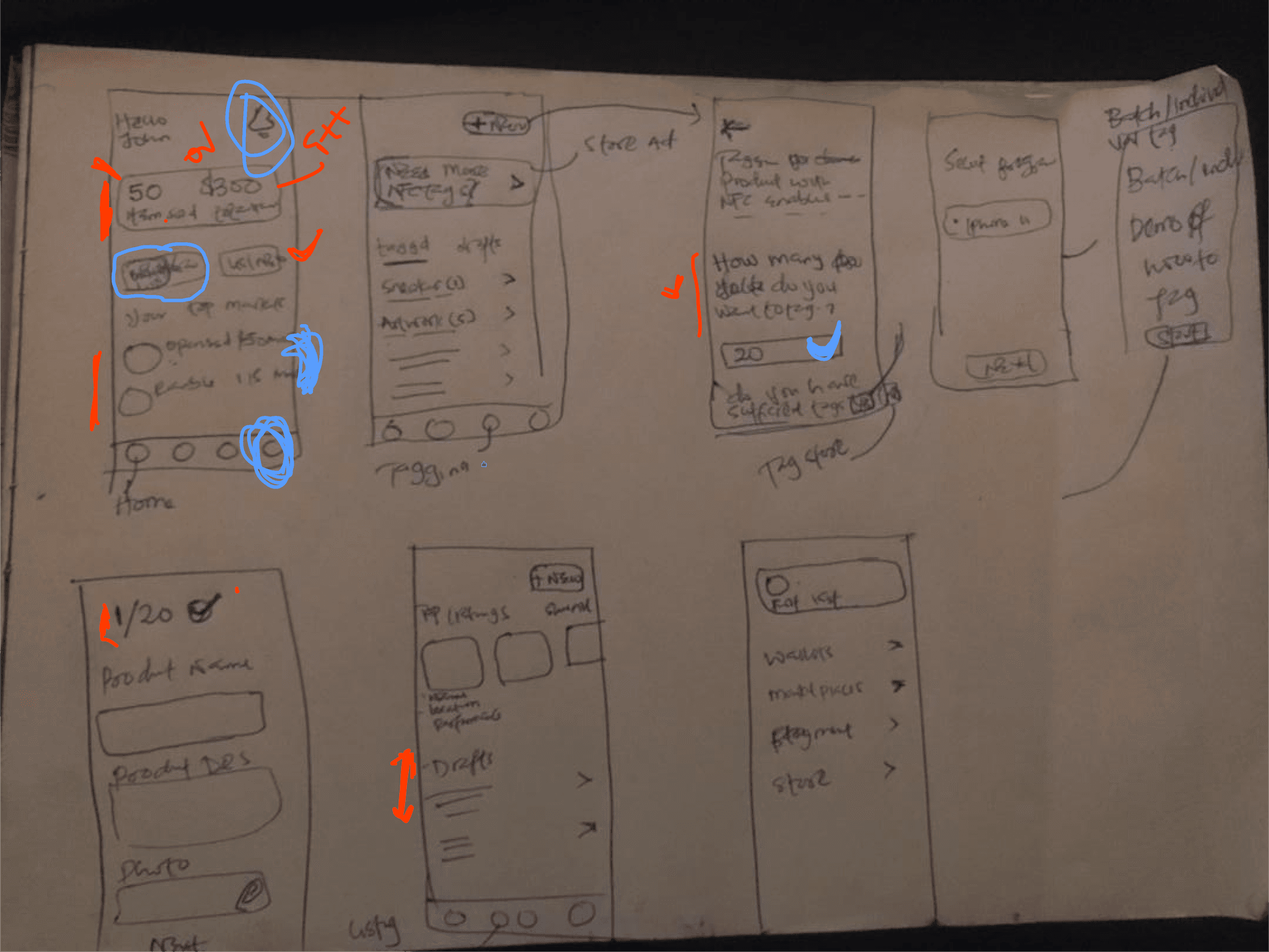 Hand-drawn SmartSeal mobile interface sketches with design annotations