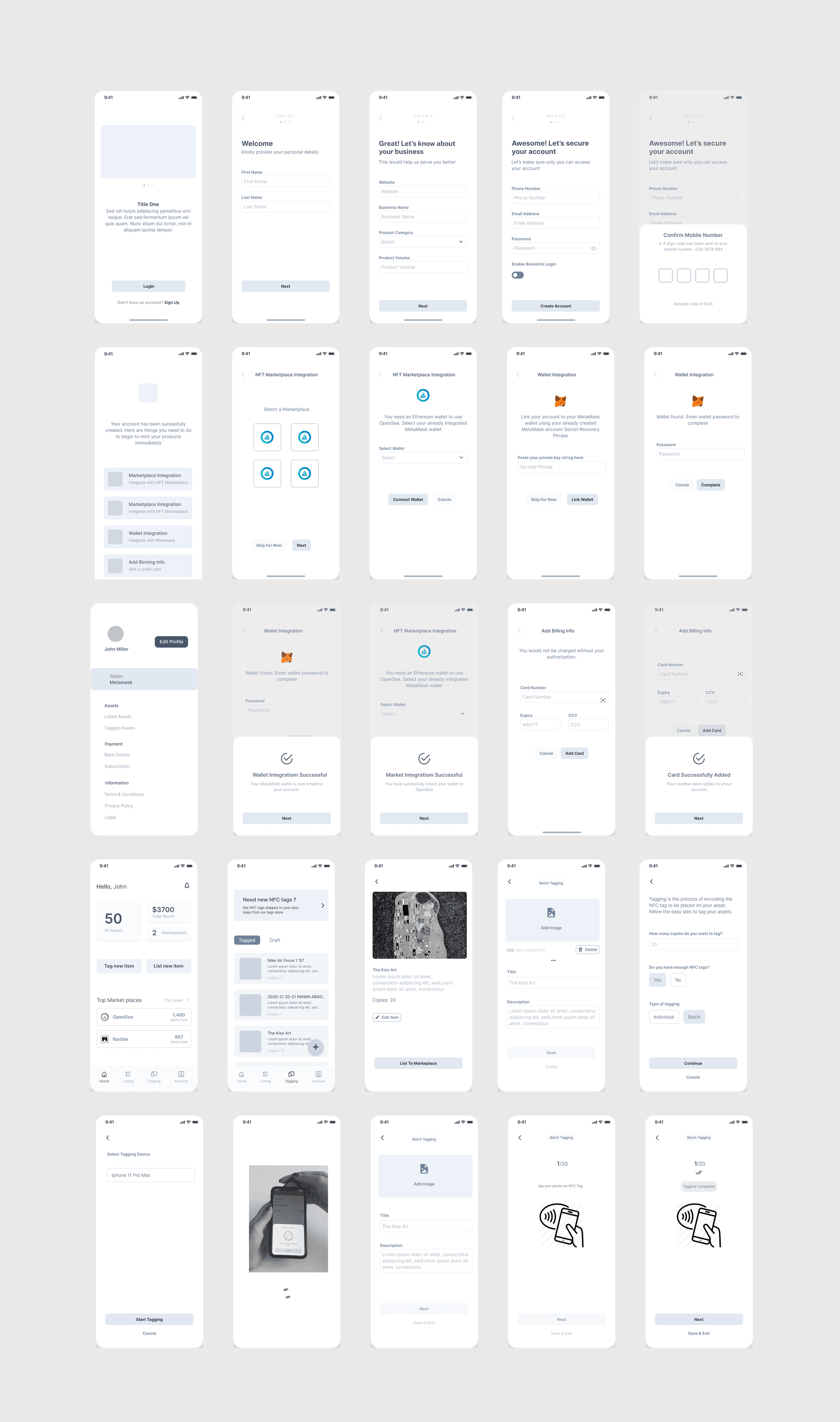 SmartSeal early mobile interface concepts for onboarding, wallets, and NFC tagging