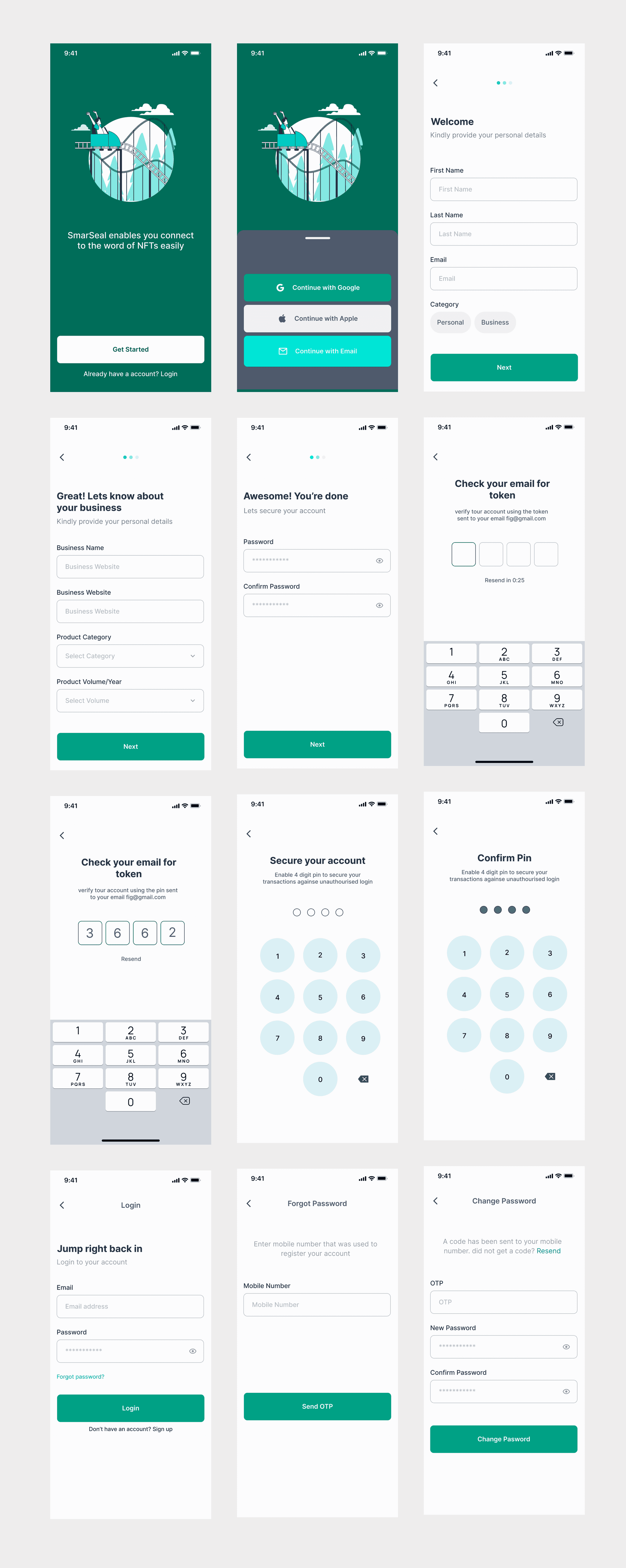 SmartSeal high-fidelity onboarding, authentication, and account security screens