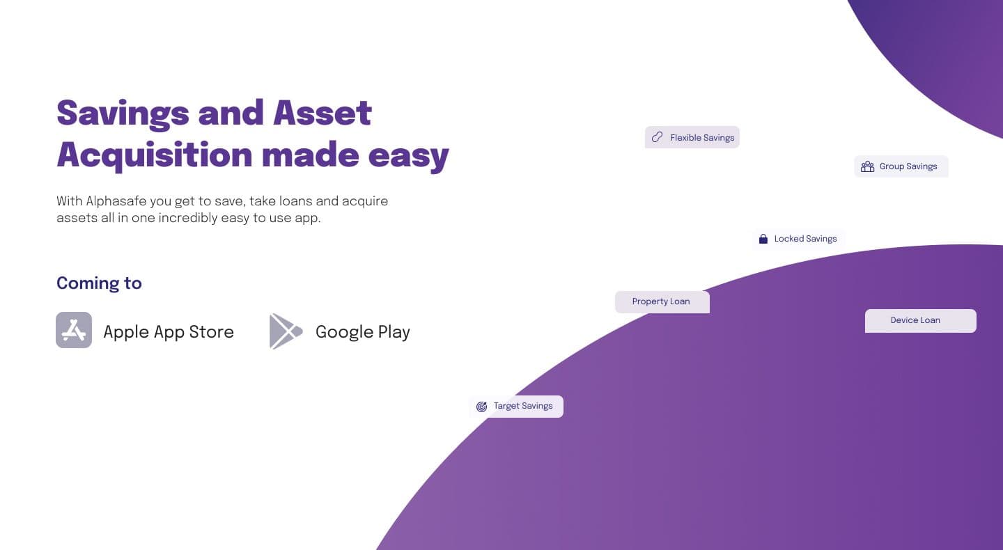 Alphasafe product positioning artwork for savings, asset acquisition, and loans