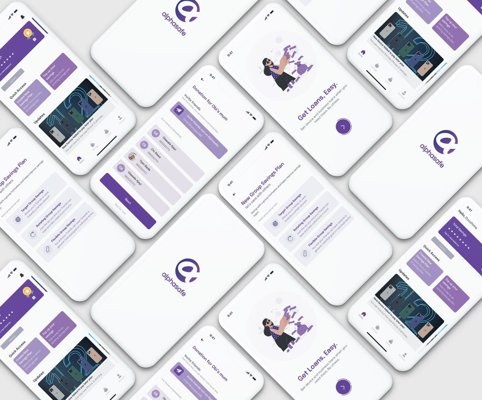 Alphasafe phone mockups showing the home dashboard, group saving, invitations, loans, and brand mark