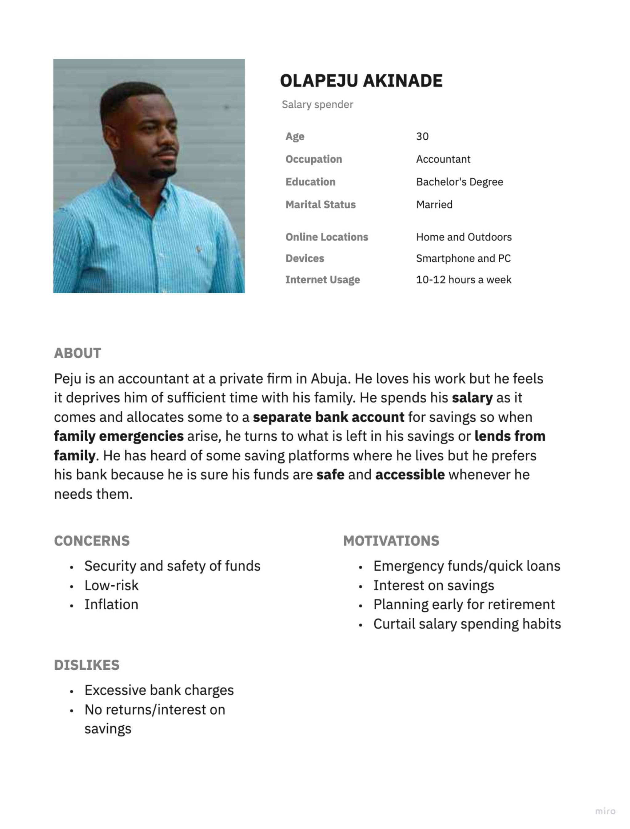 Persona for Olapeju Akinade, a security-conscious salary earner saving for family needs