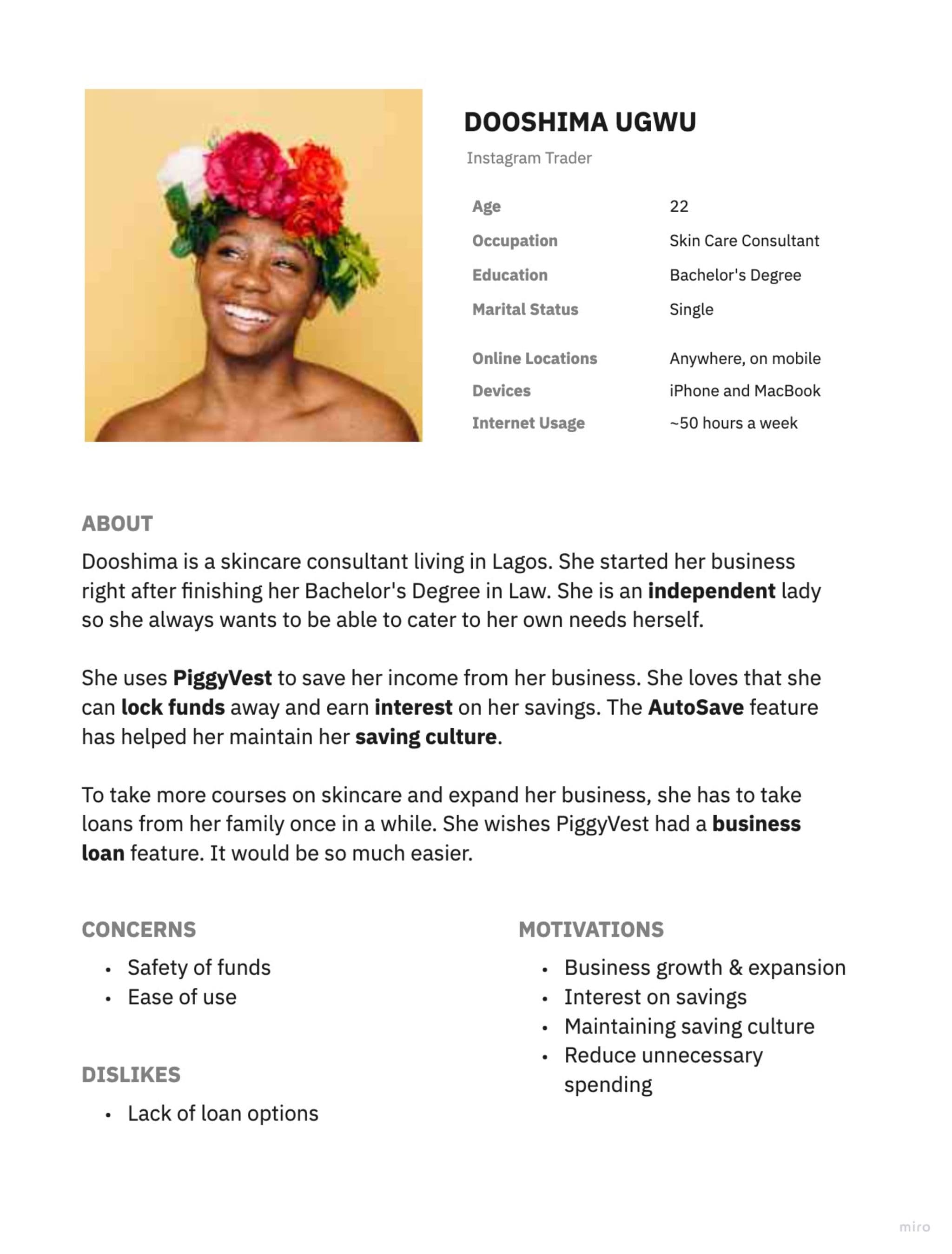 Persona for Dooshima Ugwu, a self-employed skincare consultant focused on growth and saving discipline