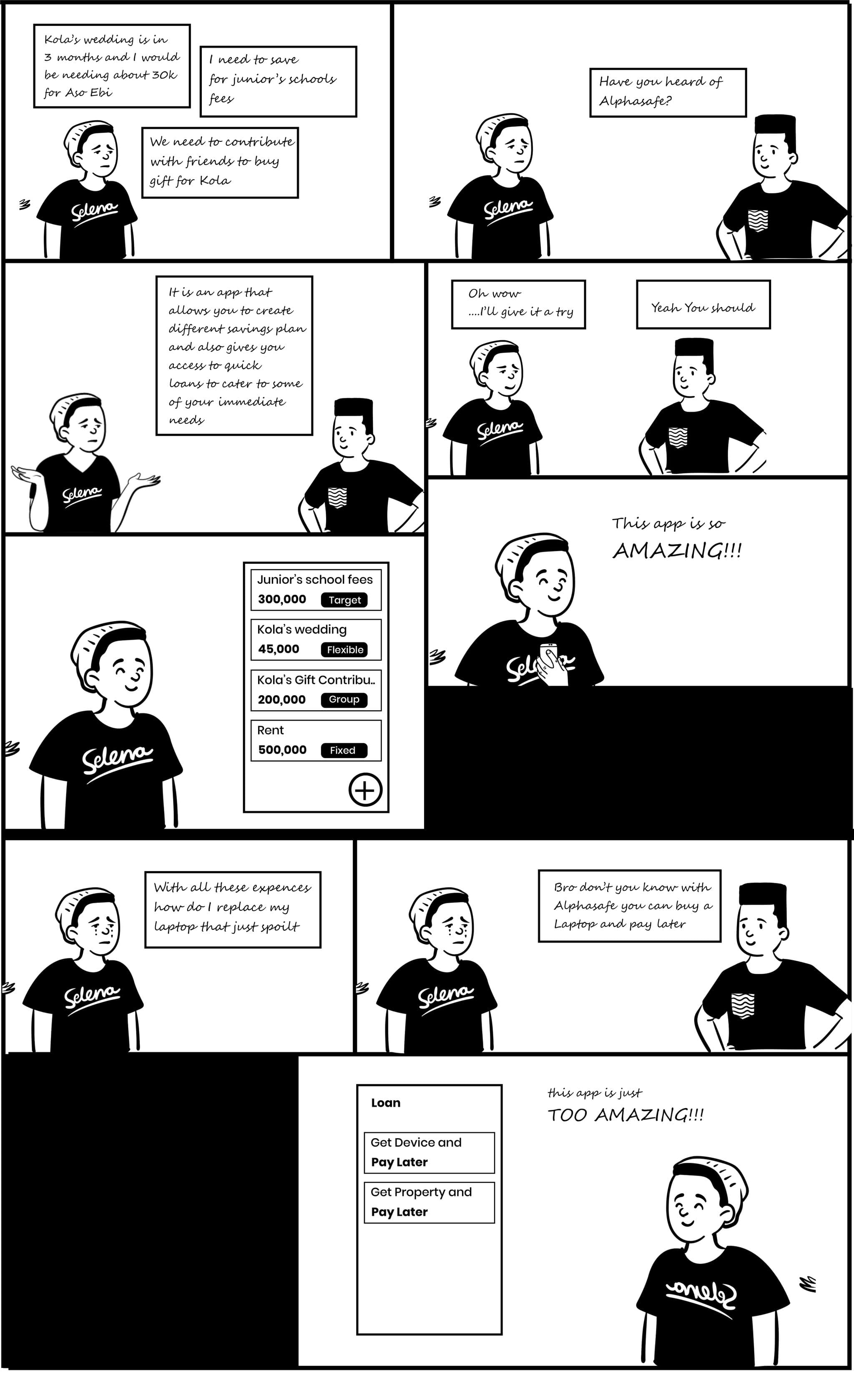 Alphasafe storyboard illustrating personal targets, group contributions, fixed savings, and device loans