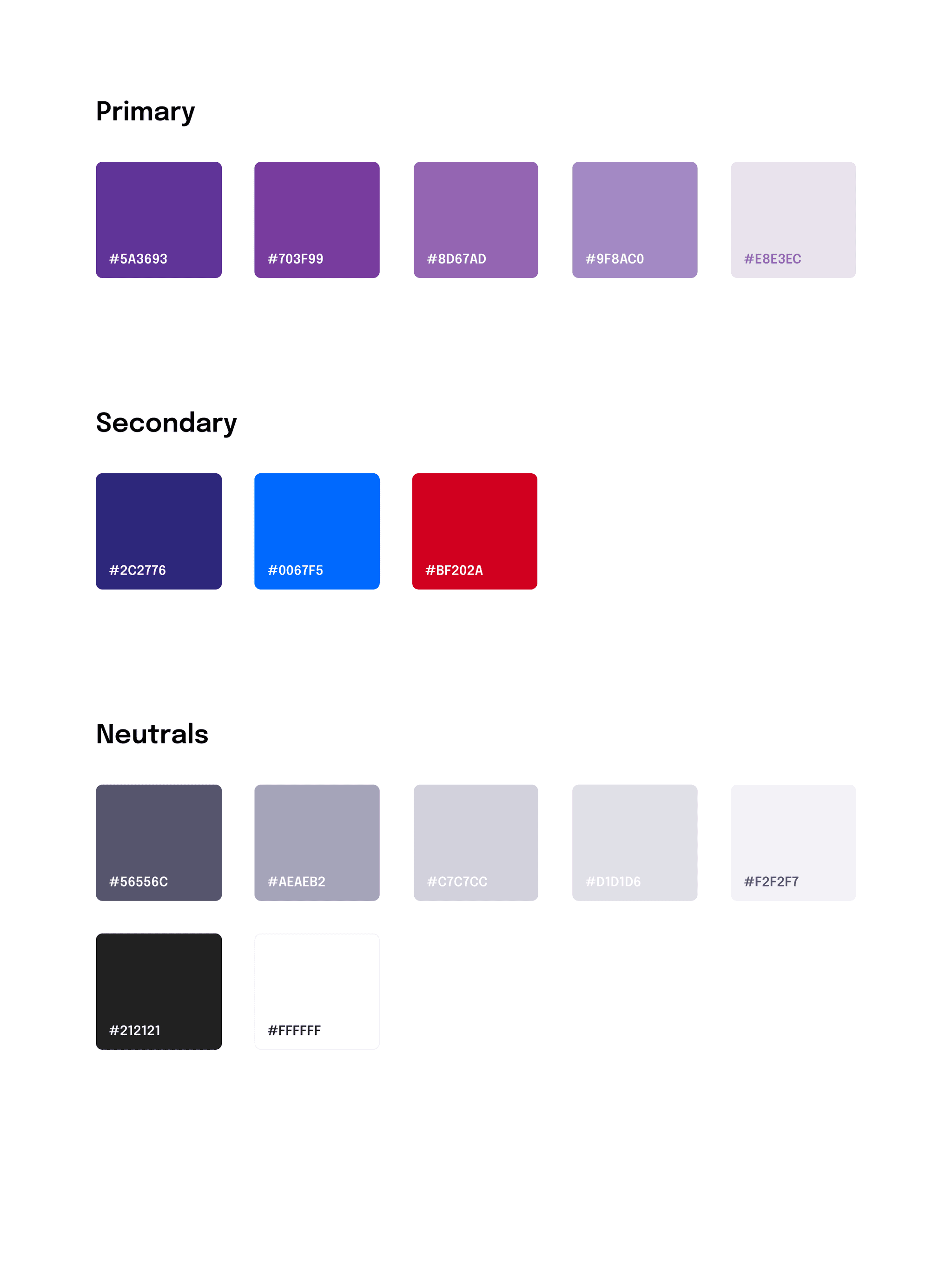 Alphasafe color palette with purple primary shades, functional secondary colors, and neutrals