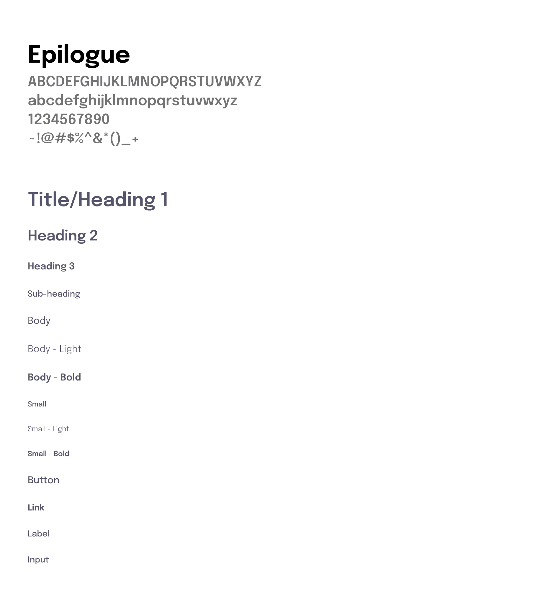 Alphasafe typography scale using Epilogue for headings, body copy, labels, buttons, and inputs