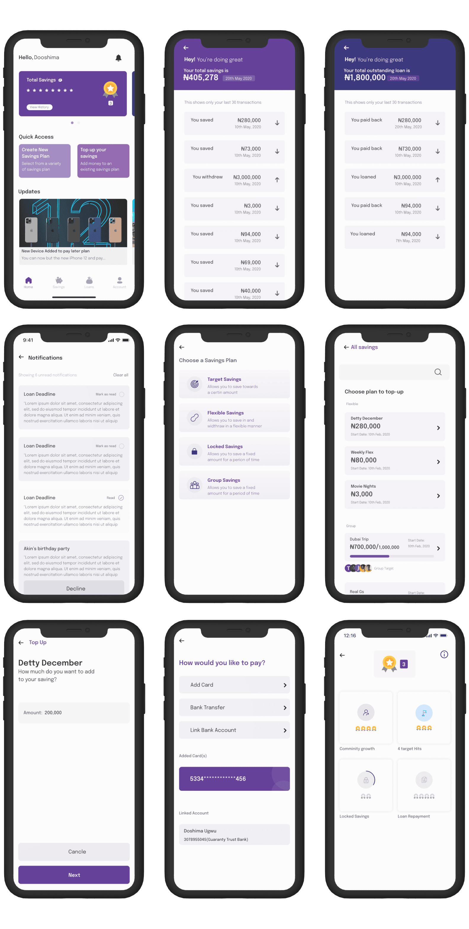 Alphasafe dashboard, transaction history, notifications, plan selection, top-up, payment, and rewards screens