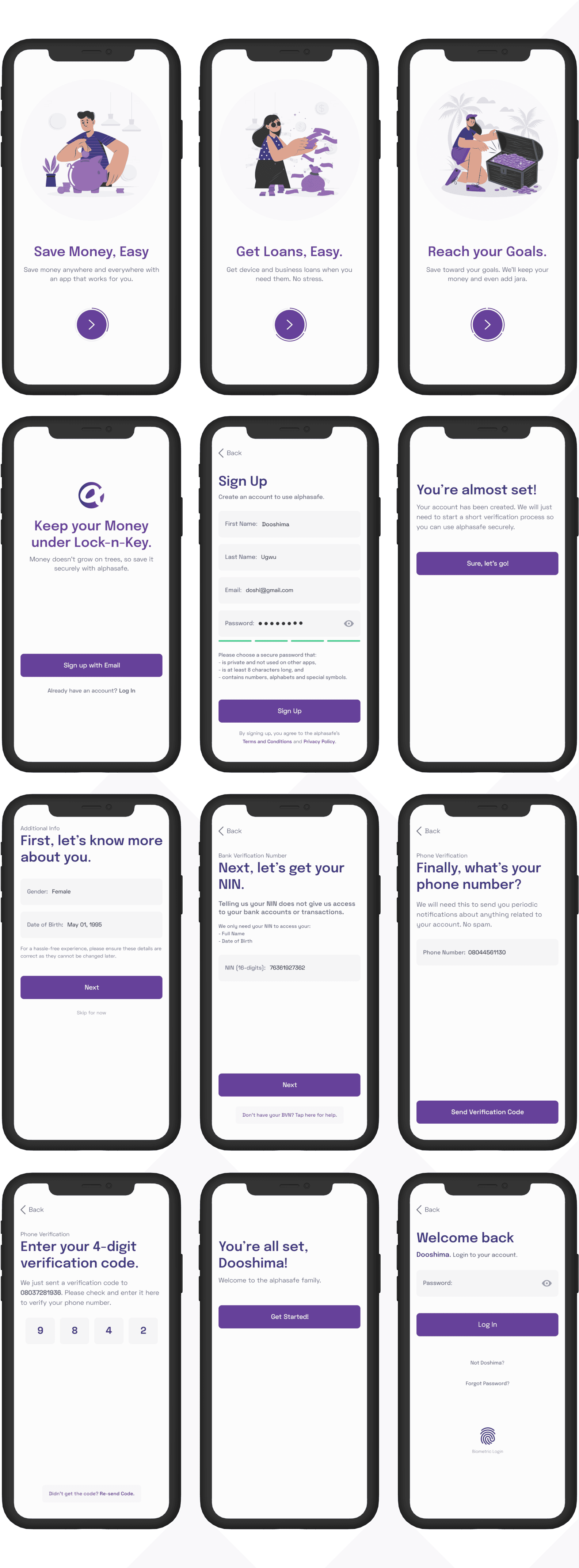 Alphasafe onboarding, sign-up, identity verification, phone verification, and login screens