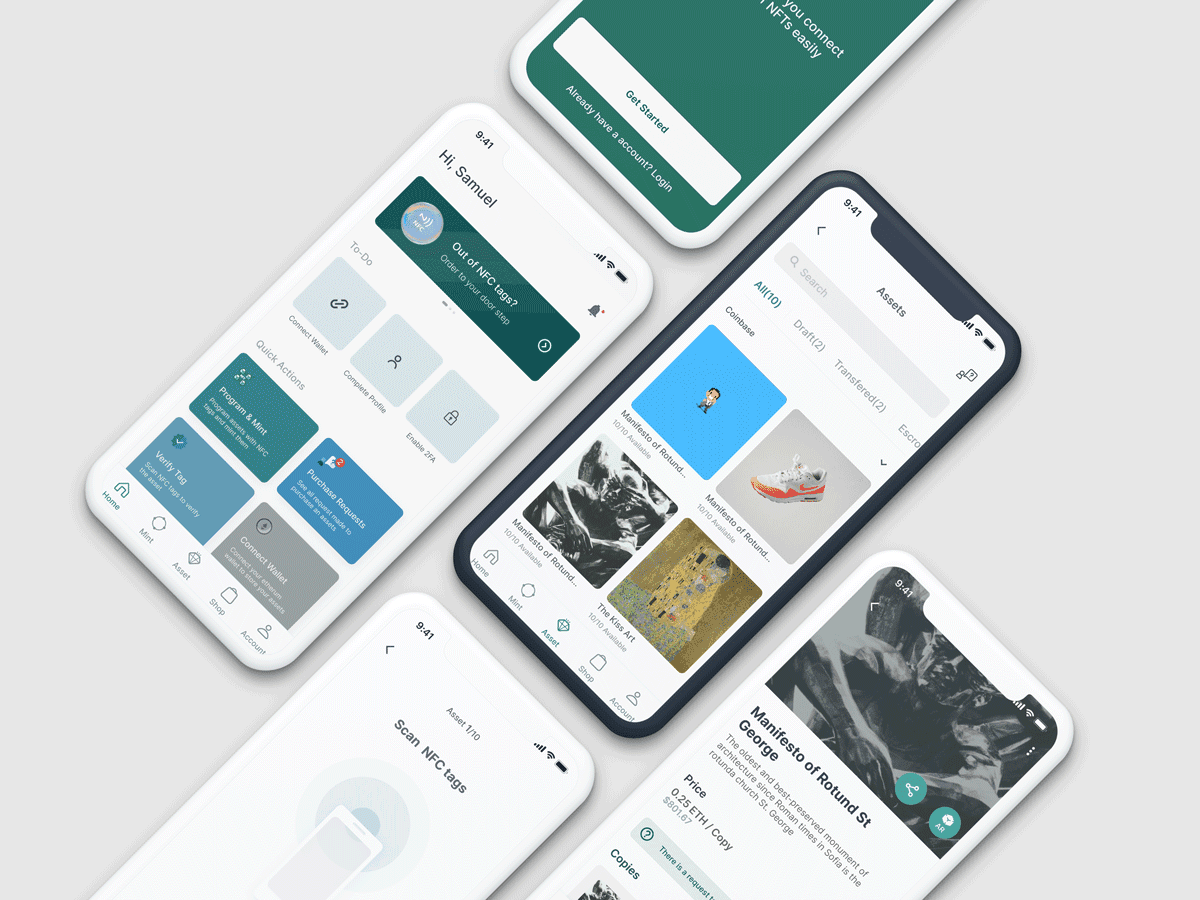 SmartSeal mobile product screens showing NFC scanning, asset management, and a creator dashboard